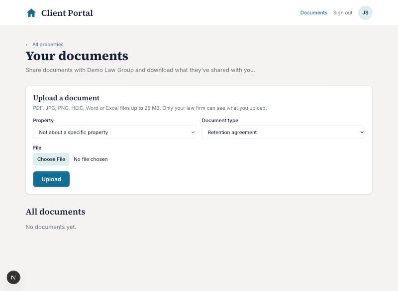The Documents page with the upload form