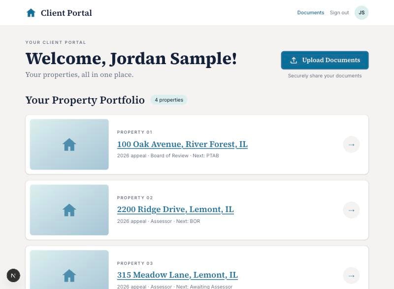 The portfolio page listing three properties