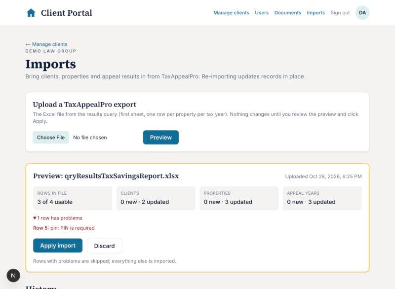 The Imports page showing a preview with counts