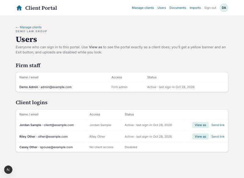 The Users page listing staff and client logins